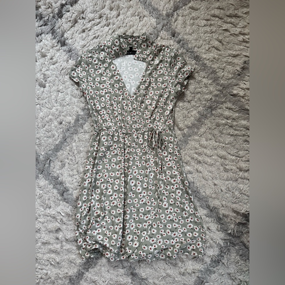 Derek Heart Daisy Print Sage Green Faux Wrap Dress